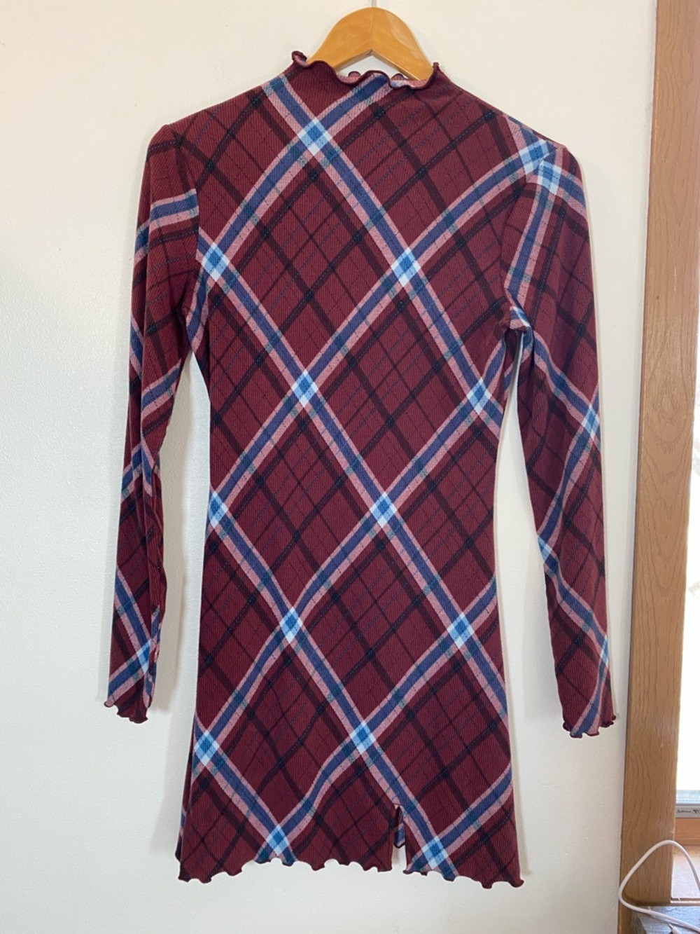 SO Burgundy Plaid Long Sleeve Dress with Blue and White Accents